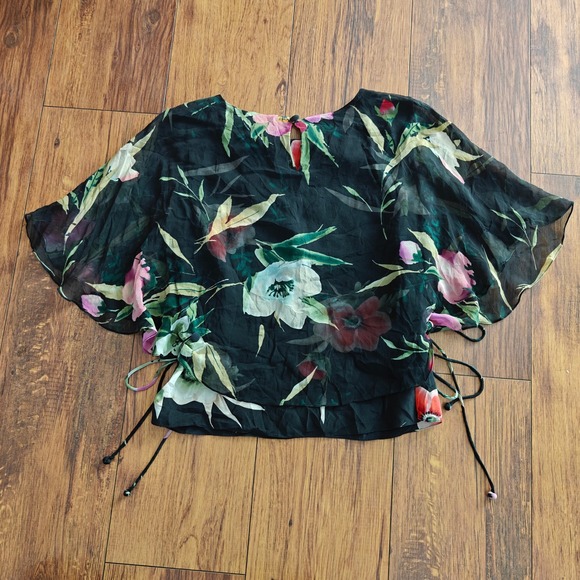 VTG 100% Silk Sheer Flutter Sleeve Top Women's 8 Adrianna Papell Floral Whimsy - Picture 3 of 5
